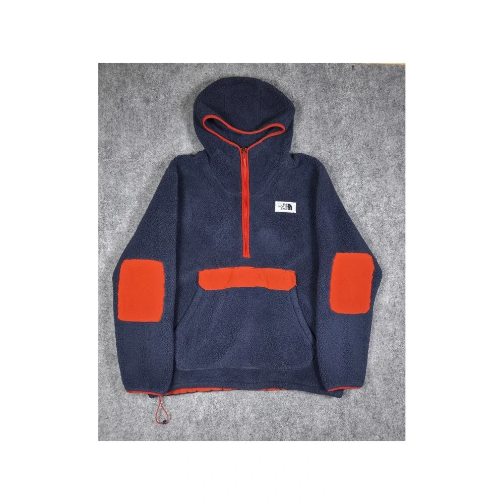 The North Face Fleece Hoodie Mens XL Navy Orange Sherpa Half Zip Pullover